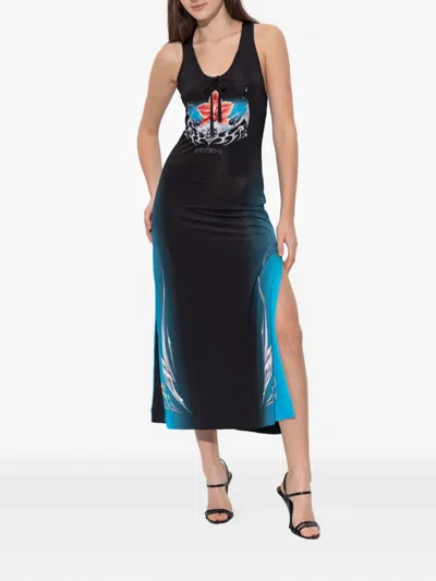 Casablanca Floral Print Midi Dress With Tie Detail In Black