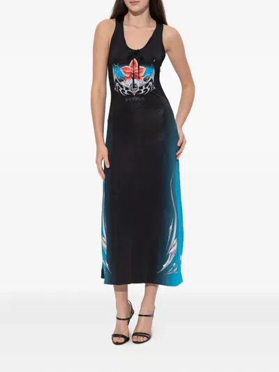 Casablanca Floral Print Midi Dress With Tie Detail In Black