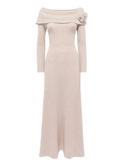 Blugirl Fitted Knit Midi Dress With Off-shoulder Neckline And Removable Brooch In Neutral