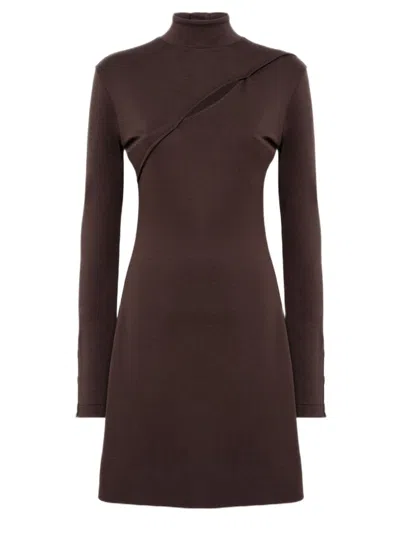Blugirl High Neck Jersey Dress With Oblique Cut-out And Button Details In Brown