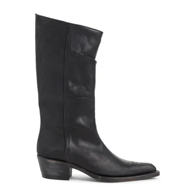 Khaite Mid-calf Black Leather Boots With Pointed Toe And Stacked Heel In Black
