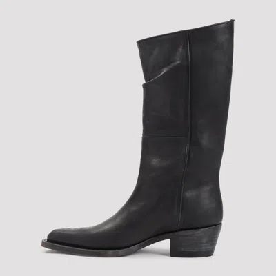 Khaite Mid-calf Black Leather Boots With Pointed Toe And Stacked Heel In Black