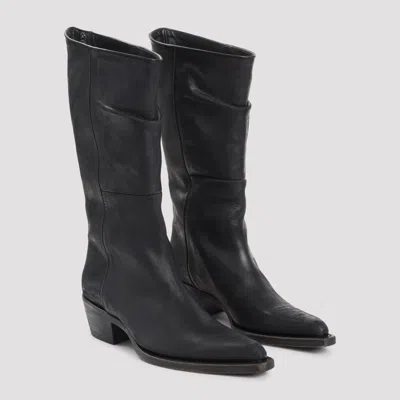 Khaite Mid-calf Black Leather Boots With Pointed Toe And Stacked Heel In Black