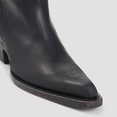 Khaite Mid-calf Black Leather Boots With Pointed Toe And Stacked Heel In Black