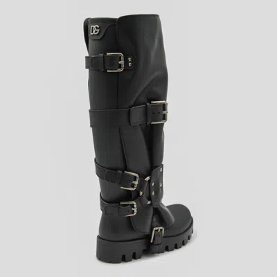 Dolce & Gabbana Black Ankle Boots With Adjustable Buckle Straps And Logo Plaque On The Back In Leather Woman In Black