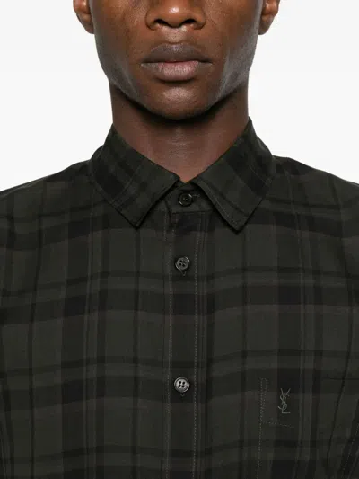Saint Laurent Cassandre Shirt In Cotton Check In Green