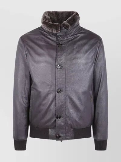 Moorer Textured Leather Jacket Fur Collar In Gray