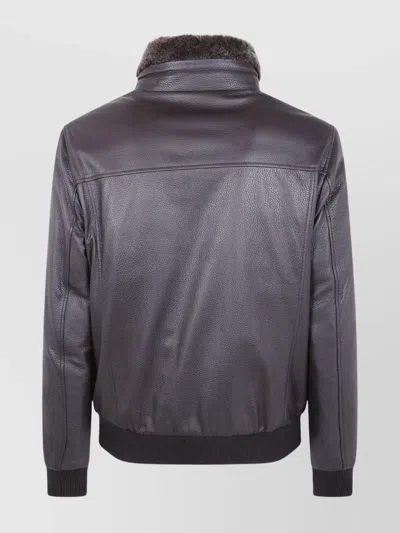 Moorer Textured Leather Jacket Fur Collar In Gray