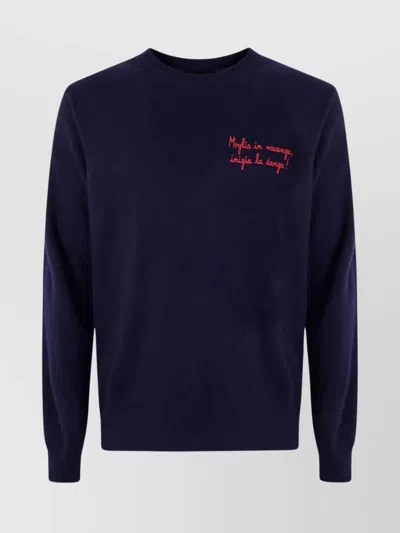 Mc2 Saint Barth Dark Blue Crew Neck Sweater With Red Embroidery In Blue