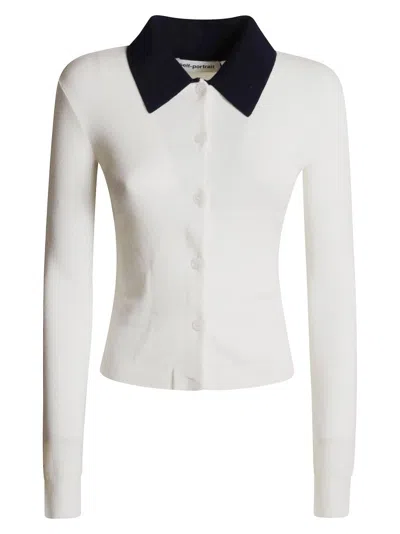 Self-portrait Cream Merino Wool Cardigan With Polo Collar And Button Closure In Multi