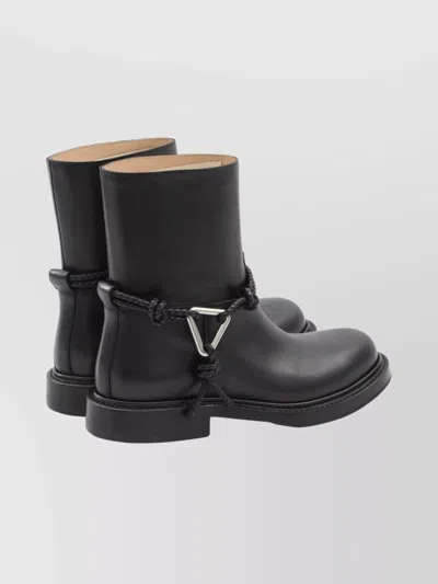 Bottega Veneta Women Black Ankle Boots With Metallic Detail On The Side And Applied Laces In Leather In Animal Print