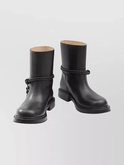 Bottega Veneta Women Black Ankle Boots With Metallic Detail On The Side And Applied Laces In Leather In Animal Print