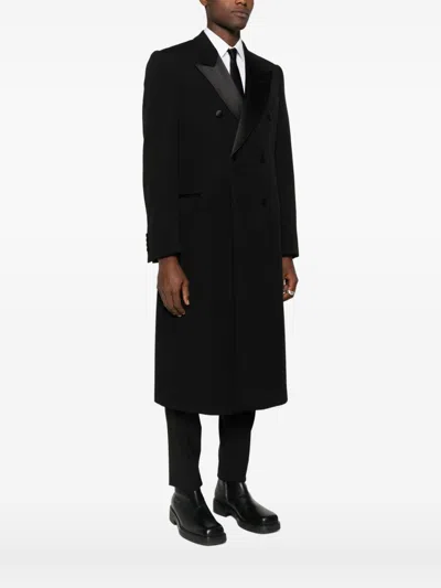 Emporio Armani Double-breasted Long Coat Satin Lapels In Black