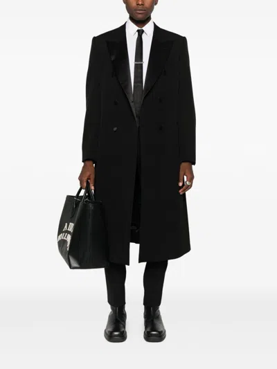 Emporio Armani Double-breasted Long Coat Satin Lapels In Black