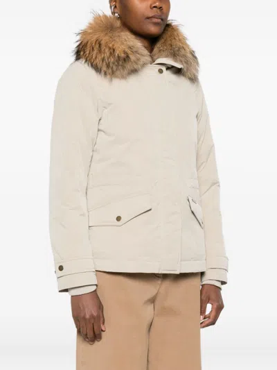 Woolrich Insulated Jackets Featuring Fur Trim In Neutral