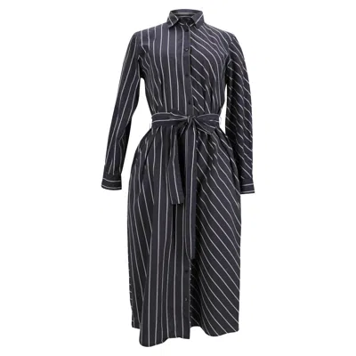 Hugo Boss Striped Belted Midi Shirt Dress In Navy Blue Cotton In Blue