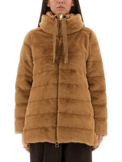 Herno Faux Fur Down Coat With High Collar In Brown