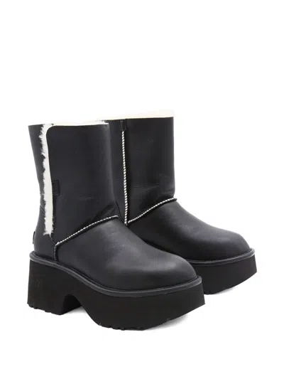 Ugg Fur-trimmed Black Leather Platform Boots With Block Heel In Multi
