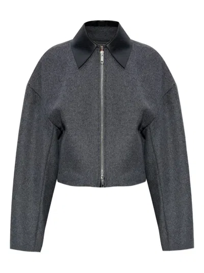 Sportmax Cropped Virgin Wool Jacket With Contrast Collar In Gray