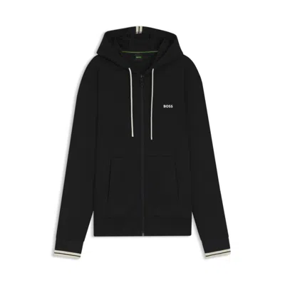 Hugo Boss Cotton Zip-up Hoodie With Stripe Details In Black