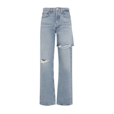 Agolde Cotton Denim Ripped Trousers In Multi