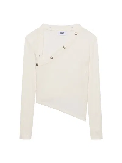 Gcds Long-sleeved Ribbed Top With Snap Buttons In Neutral