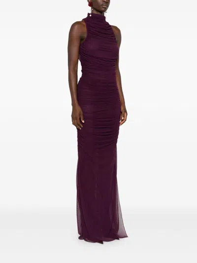 Amen Sleeveless Purple Mesh Draped Dress In Brown
