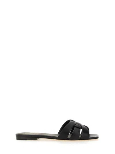 Saint Laurent Tribute Leather Flat Sandals In Black