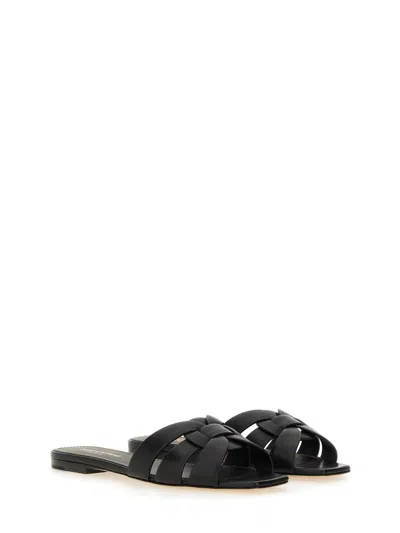 Saint Laurent Tribute Leather Flat Sandals In Black