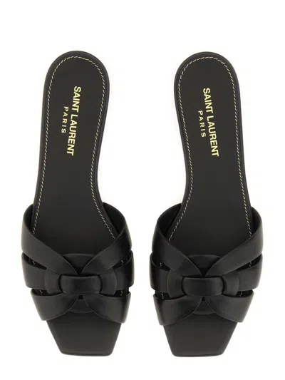 Saint Laurent Tribute Leather Flat Sandals In Black