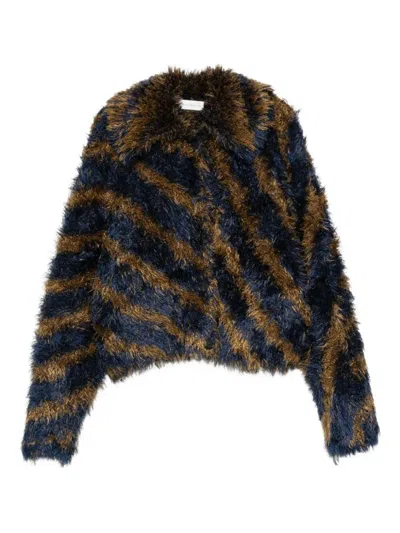 Dries Van Noten Striped Faux Fur Collared Cardigan Jacket In Multi