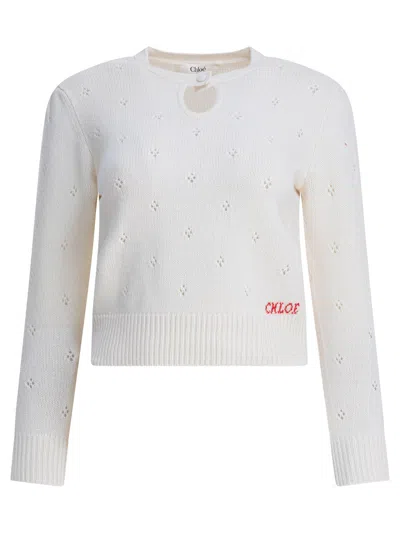 Chloé Wool And Cashmere Fitted Sweater With An Openwork Motif Clothing In White