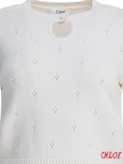 Chloé Wool And Cashmere Fitted Sweater With An Openwork Motif Clothing In White