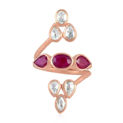 Artisan Women's Gold / Rose Gold / White 18k Rose Gold Spiral Ring With Uncut Diamonds & Ruby In Pink