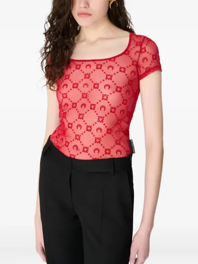 Marine Serre Fitted Sheer Mesh Moongram Pattern T-shirt In Red