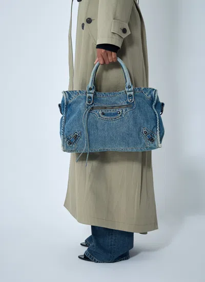 Balenciaga Women Medium Le City Denim Handbag In Blue