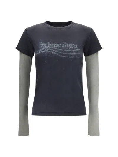 Balenciaga Women Washed Crayon Political Double-sleeve T-shirt In Black