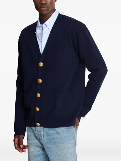 Balmain Knitted Cashmere Cardigan In Blue