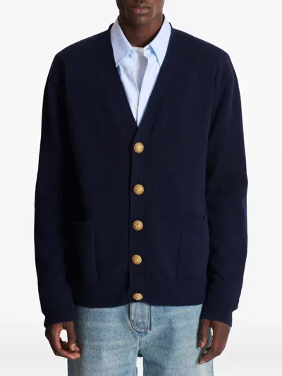 Balmain Knitted Cashmere Cardigan In Blue