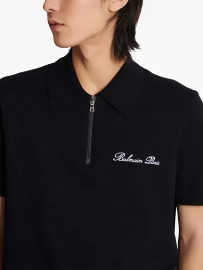 Balmain Short-sleeved Polo Shirt With Embroidery In Black