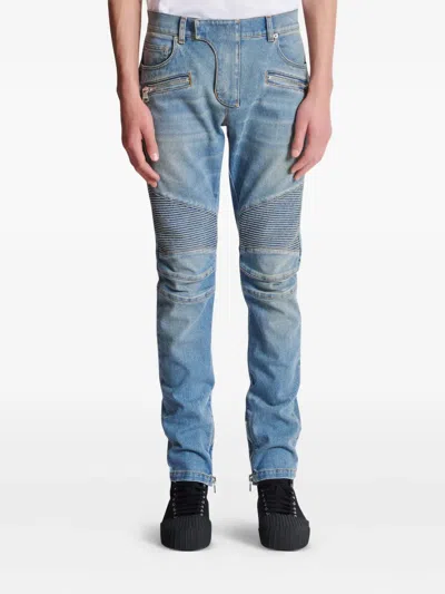 Balmain Slim-fit Biker Ribbed Jeans In Blue