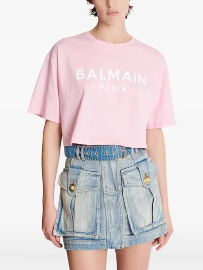 Balmain Cropped Logo Screen Print Tee In Pink