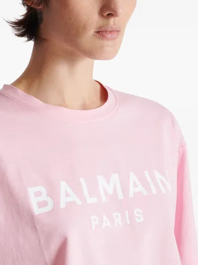Balmain Cropped Logo Screen Print Tee In Pink