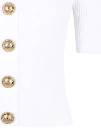 Balmain Crewneck Ribbed Cardigan Short Sleeves In White