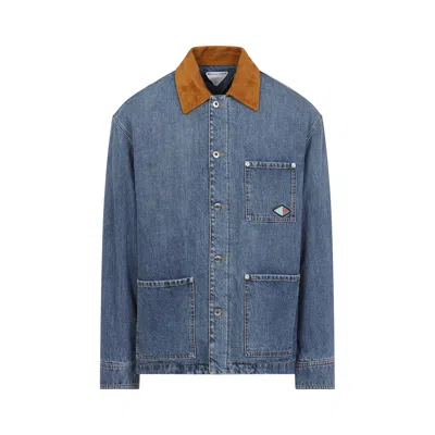 Bottega Veneta Men Blue Jacket With Suede Collar And Logo Patch In Denim Man