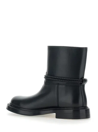 Bottega Veneta Women Black Ankle Boots With Metallic Detail On The Side And Applied Laces In Leather In Animal Print