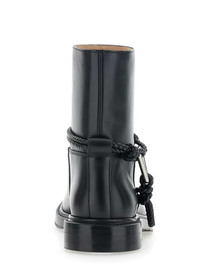 Bottega Veneta Women Black Ankle Boots With Metallic Detail On The Side And Applied Laces In Leather In Animal Print