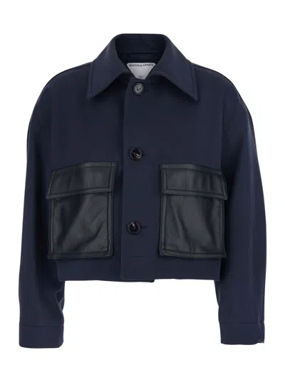 Bottega Veneta Women Blue Jacket With Classic Collar And Two Front Leather Patch Pockets In Cotton A In Animal Print