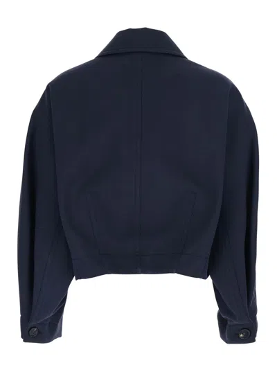 Bottega Veneta Women Blue Jacket With Classic Collar And Two Front Leather Patch Pockets In Cotton A In Animal Print