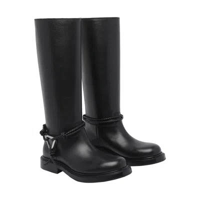 Bottega Veneta Knee High Boot Braided Strap Detail In Black